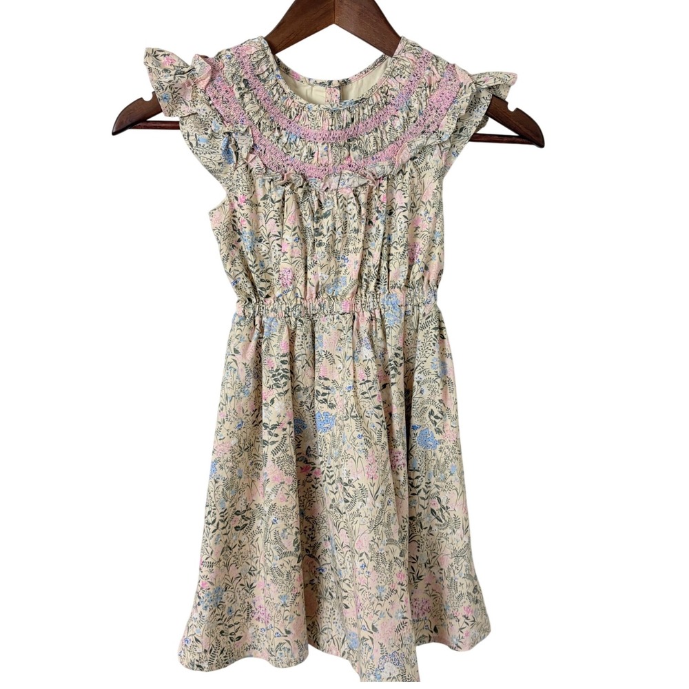 Janie and Jack Floral Smocked Dress Girls 6 Cream Pink Blue Flutter Cottage
